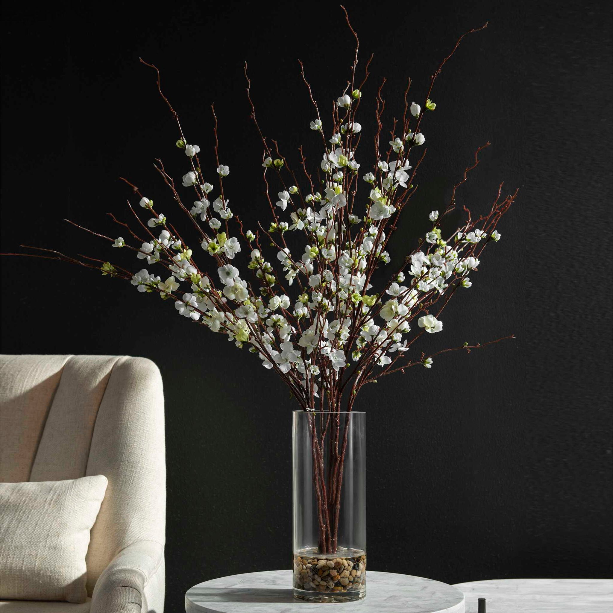 Quince Blossoms - Silk Centerpiece, Plant In A Clear Glass Vase - Dark Brown - Image 2