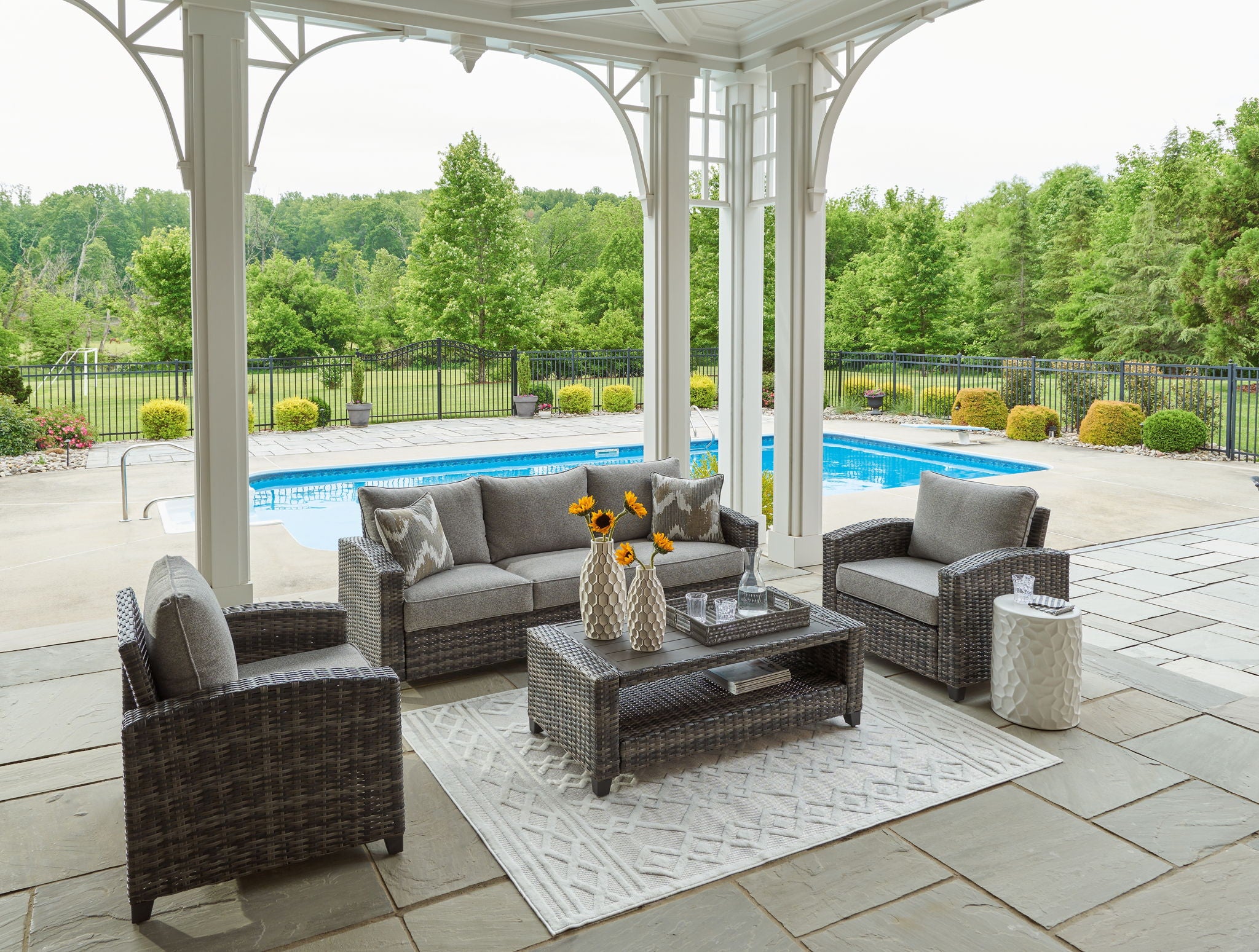 Oasis Court - Sofa, Chairs, Table Set (Set of 4) - Gray - Image 2