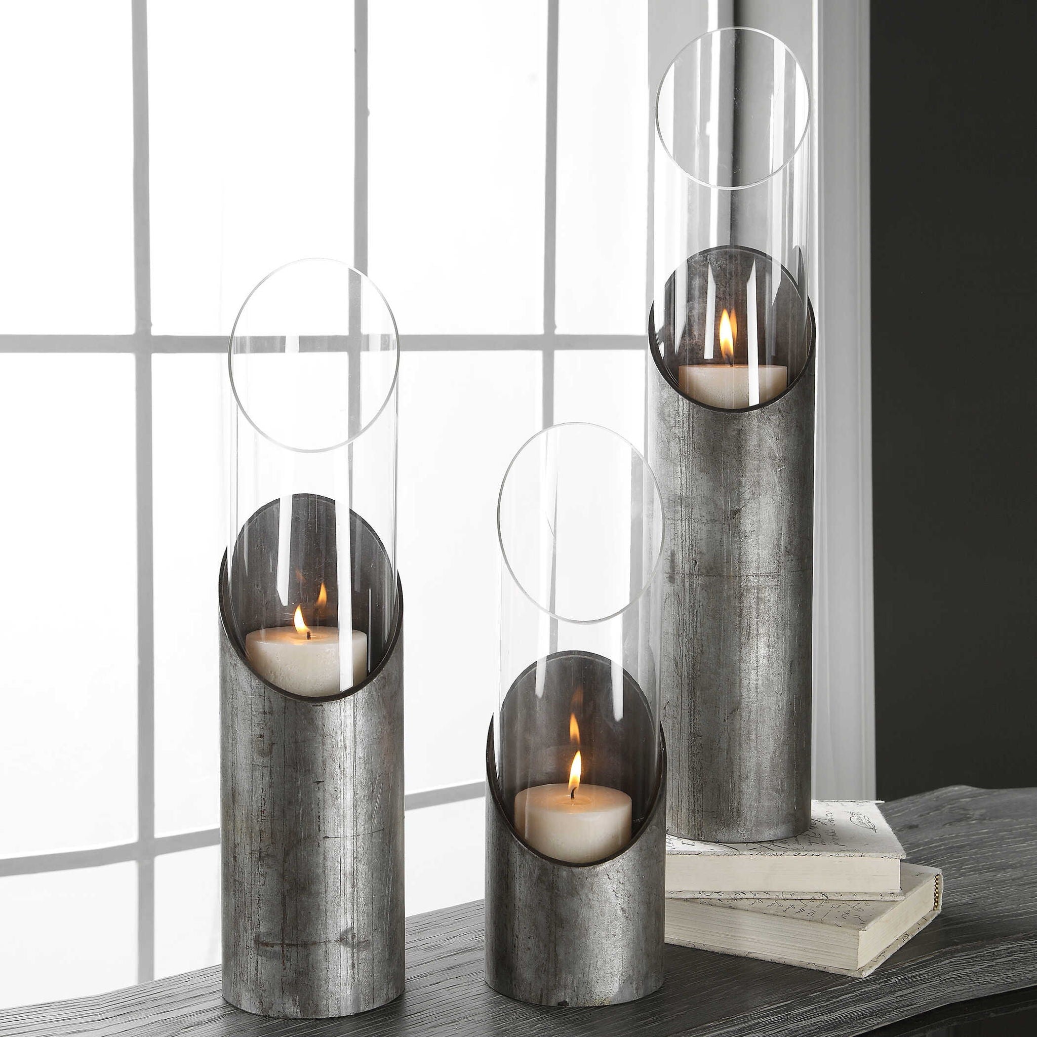 Karter - Iron & Glass Candleholders (Set of 3) - Pearl Silver & Dark Gray - Image 2