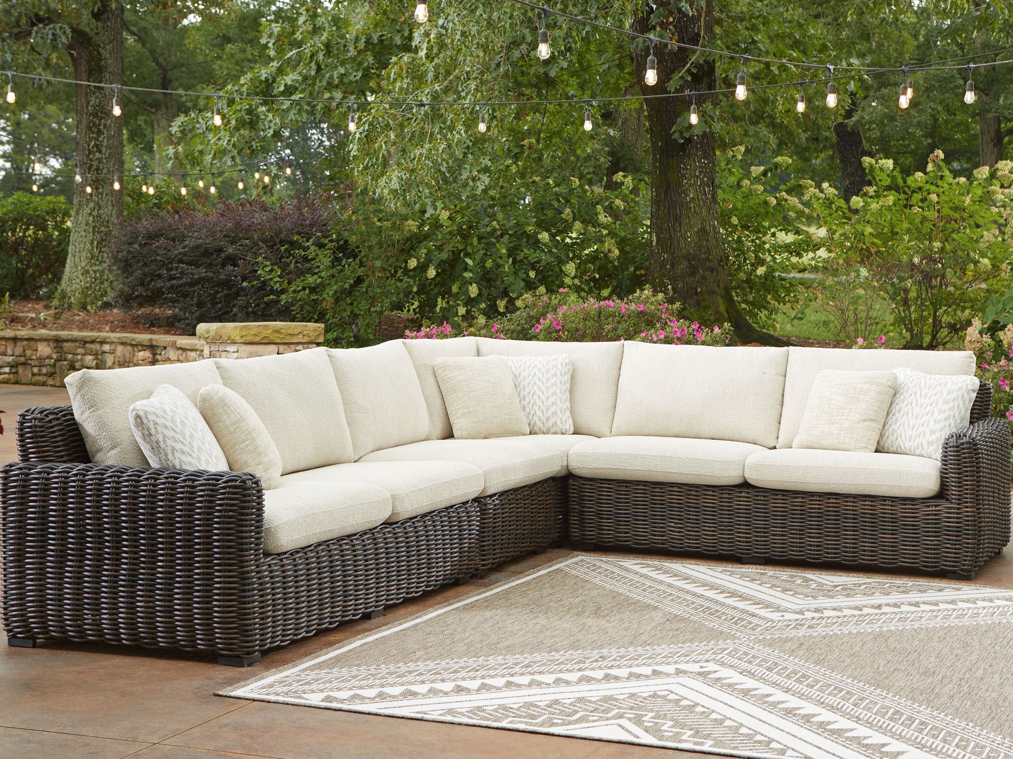 Kimora - 7 Pc. - 4-Piece Outdoor Sectional, Swivel Glider Lounge, Cocktail Table, End Table - Beige / Dark Brown - Image 3