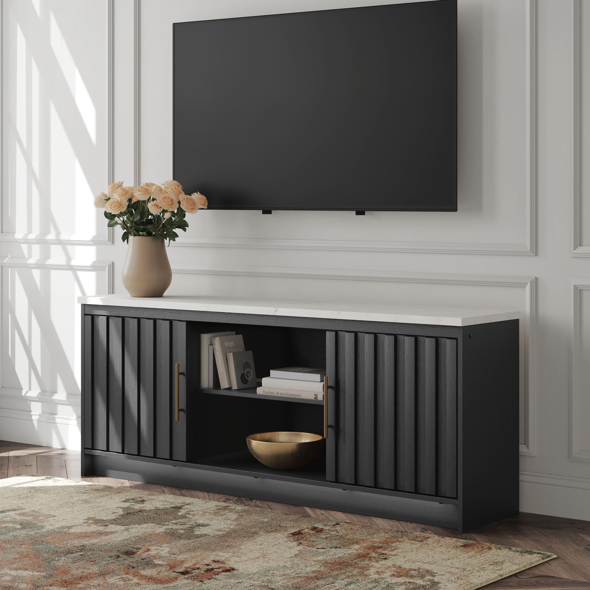 Cadmori - XL TV Stand With Fireplace Option - Black / White - Image 2
