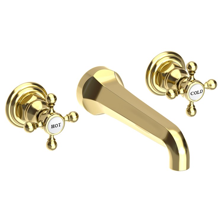 Lavatory Faucet Astor Wall Mount 8 Inch Spread 2 Cross ADA Watersense Forever Brass PVD 1.2 Gallons Per Minute Brass Less Drain Spout Reach 7-1/2 Inch - Image 1