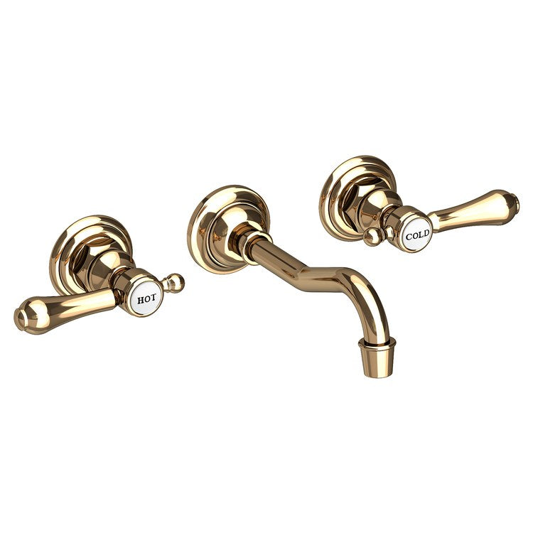 Lavatory Faucet Chesterfield Wall Mount Hot Cold Indicators 8 Inch Spread 2 Lever ADA WaterSense French Gold PVD 1.2 Gallons Per Minute Brass Less Drain Spout Reach 7-1/4 Inch - Image 1