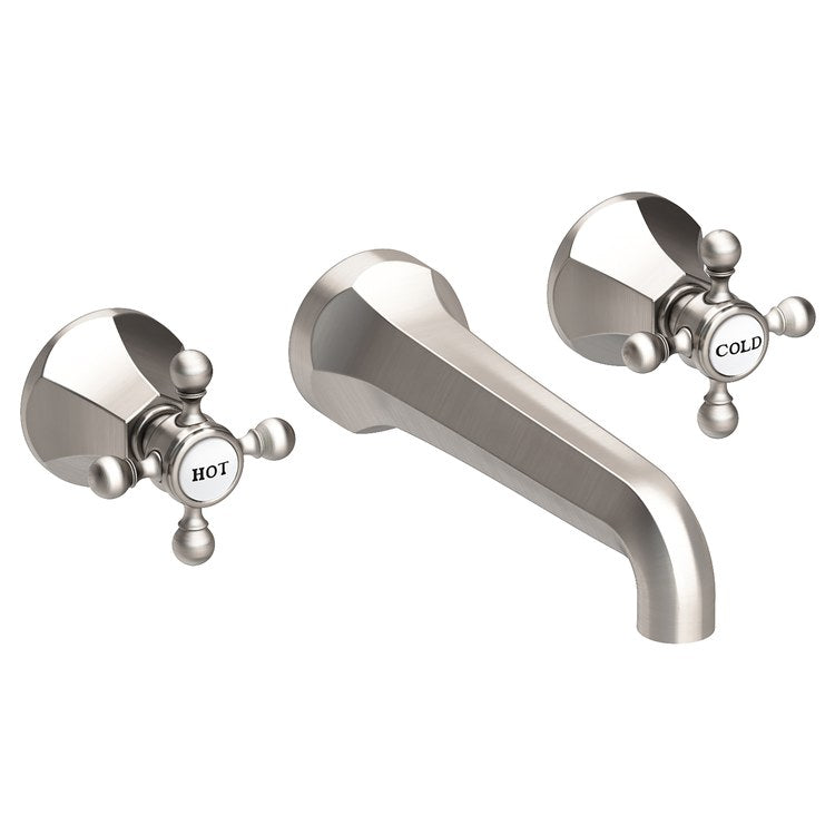 Lavatory Faucet Metropole Wall Mount 8 Inch Spread 2 Cross ADA WaterSense Satin Nickel PVD 1.2 Gallons Per Minute Brass Less Drain Spout Reach 7-1/2 Inch - Image 1