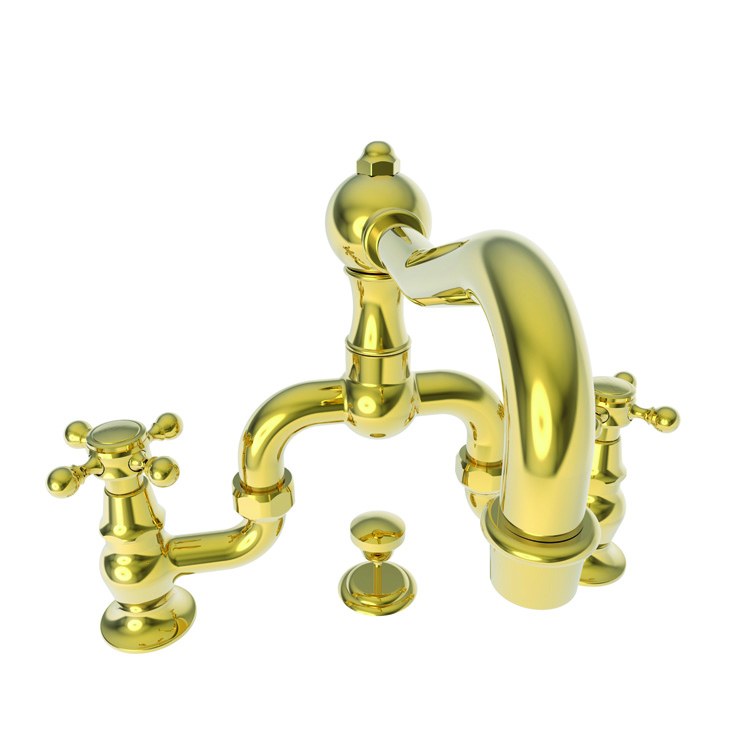 Lavatory Faucet Chesterfield Bridge 8 to 9-5/8 Inch Spread 2 Cross ADA WaterSense Polished Gold PVD 1.2 Gallons per Minute Deck Swivel Pop-Up with Tailpiece 3 Hole