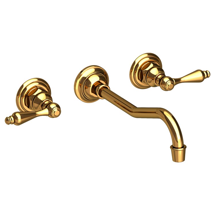 Lavatory Faucet Chesterfield Wall Mount 8 Inch Spread 2 Lever ADA WaterSense Polished Gold PVD 1.2 Gallons Per Minute Brass Less Drain Spout Reach 9-3/4 Inch - Image 1