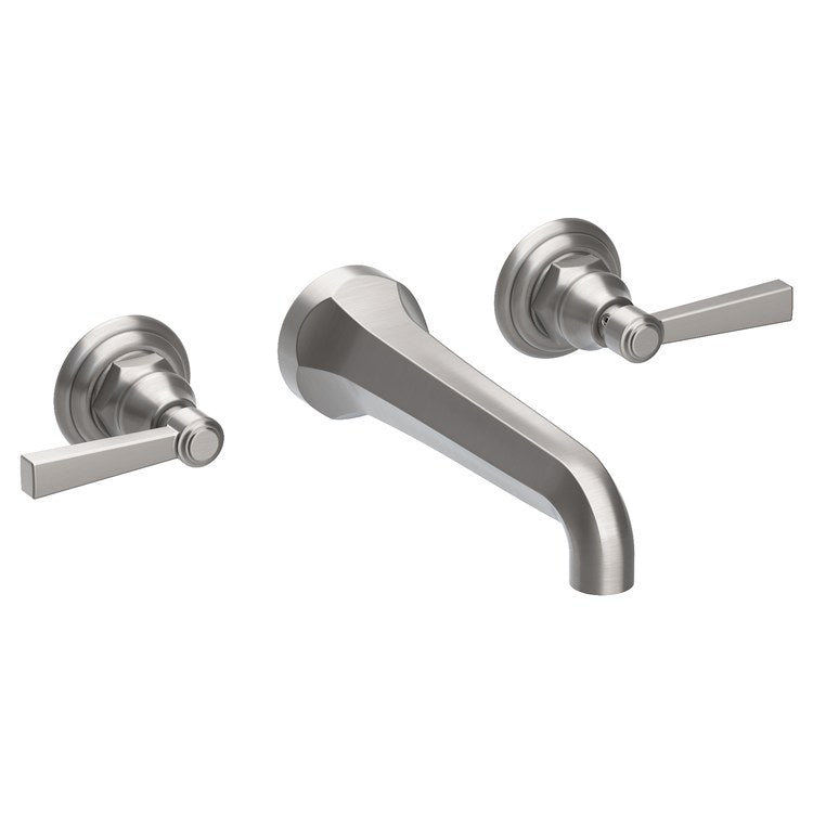 Lavatory Faucet Astor Wall Mount 8 Inch Spread 2 Lever ADA Watersense Stainless Steel PVD 1.2 Gallons Per Minute Brass Less Drain Spout Reach 7-1/2 Inch - Image 1