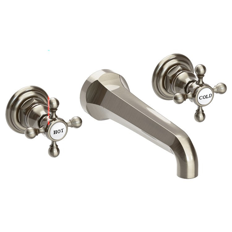 Lavatory Faucet Astor Wall Mount 8 Inch Spread 2 Cross ADA Watersense Antique Nickel 1.2 Gallons Per Minute Brass Less Drain Spout Reach 7-1/2 Inch - Image 1