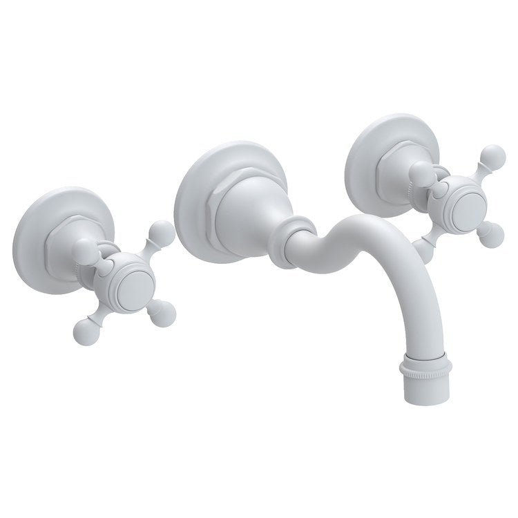 Lavatory Faucet Victoria Wall Mount 8 Inch Spread 2 Cross ADA Watersense Matte White 1.2 Gallons Per Minute Brass Less Drain Spout Reach 8-1/6 Inch - Image 1