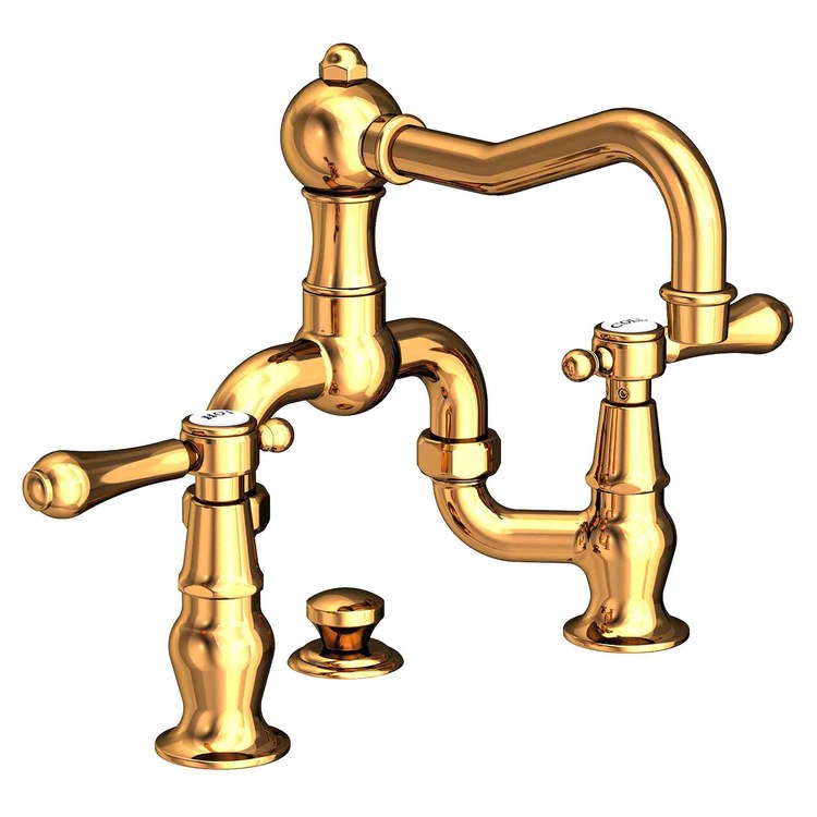 Lavatory Faucet Chesterfield Bridge 8 to 9-3/4 Inch Spread 2 Lever ADA WaterSense Polished Gold PVD 1.2 Gallons per Minute Swivel Pop-Up 3 Hole - Image 1