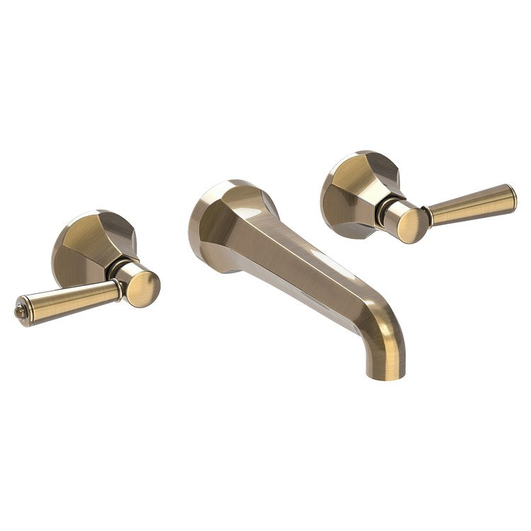 Lavatory Faucet Metropole Wall Mount 8 Inch Spread 2 Lever ADA WaterSense Antique Brass 1.2 Gallons Per Minute Brass Less Drain Spout Reach 7-1/2 Inch - Image 1