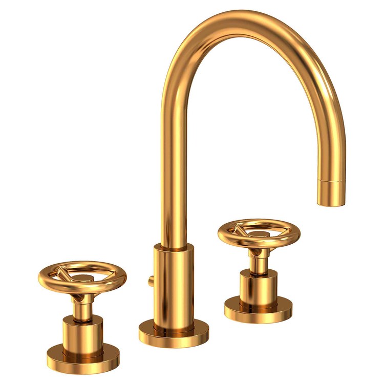 Lavatory Faucet Slater Widespread 8 to 20 Inch Spread 2 Wheel WaterSense Aged Brass 1.2 Gallons per Minute Gooseneck Pop-Up 3 Hole - Image 1