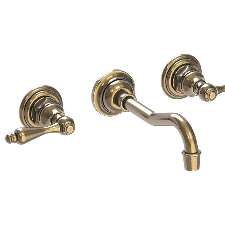 Lavatory Faucet Chesterfield Wall Mount 8 Inch Spread 2 Lever ADA WaterSense Antique Brass 1.2 Gallons Per Minute Brass Less Drain Spout Reach 7-1/4 Inch - Image 1