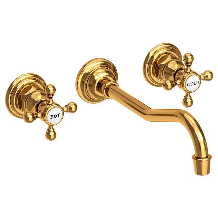 Lavatory Faucet Chesterfield Wall Mount 8 Inch Spread 2 Cross ADA WaterSense Aged Brass 1.2 Gallons Per Minute Brass Less Drain Spout Reach 9-3/4 Inch - Image 1