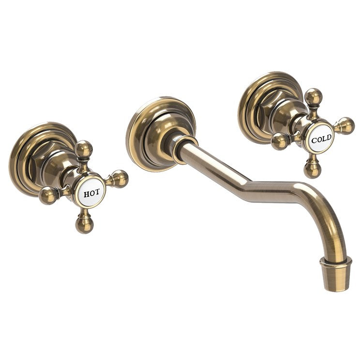 Lavatory Faucet Chesterfield Wall Mount 8 Inch Spread 2 Cross ADA WaterSense Antique Brass 1.2 Gallons Per Minute Brass Less Drain Spout Reach 9-3/4 Inch - Image 1