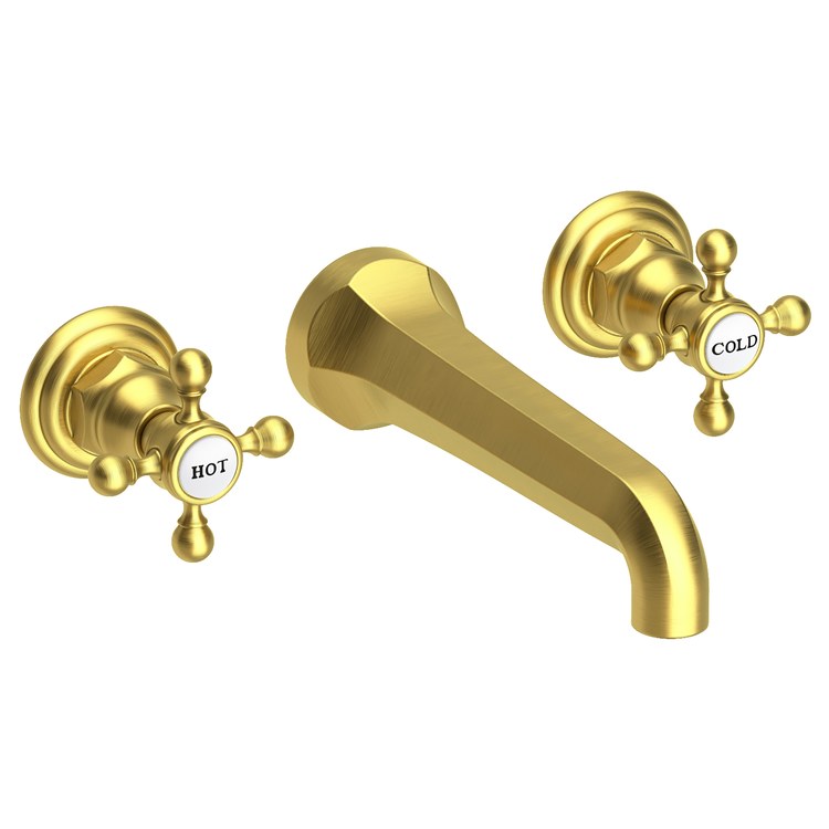 Lavatory Faucet Astor Wall Mount 8 Inch Spread 2 Cross ADA Watersense Satin Brass PVD 1.2 Gallons Per Minute Brass Less Drain Spout Reach 7-1/2 Inch - Image 1