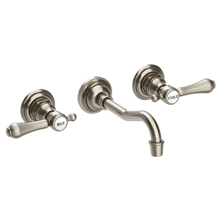 Lavatory Faucet Chesterfield Wall Mount Hot Cold Indicators 8 Inch Spread 2 Lever ADA WaterSense Antique Nickel 1.2 Gallons Per Minute Brass Less Drain Spout Reach 7-1/4 Inch - Image 1