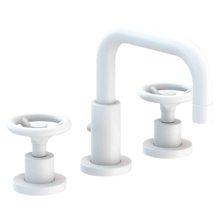 Lavatory Faucet Tyler Widespread 8 to 20 Inch Spread 2 Wheel WaterSense Matte White 1.2 Gallons per Minute Fixed Pop-Up 3 Hole