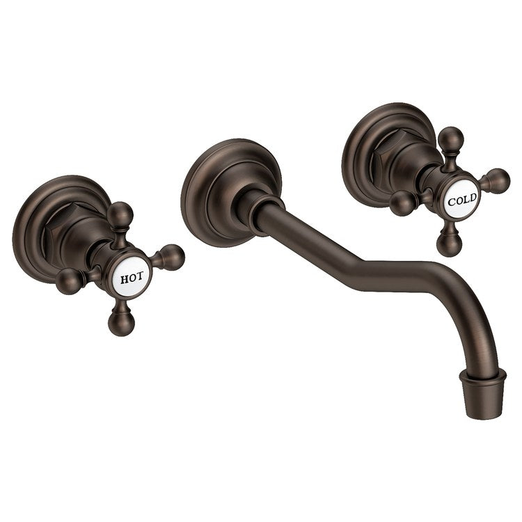 Lavatory Faucet Chesterfield Wall Mount 8 Inch Spread 2 Cross ADA WaterSense English Bronze 1.2 Gallons Per Minute Brass Less Drain Spout Reach 9-3/4 Inch - Image 1
