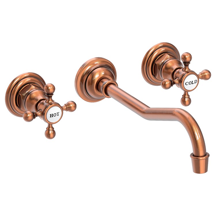 Lavatory Faucet Chesterfield Wall Mount 8 Inch Spread 2 Cross ADA WaterSense Antique Copper 1.2 Gallons Per Minute Brass Less Drain Spout Reach 9-3/4 Inch - Image 1