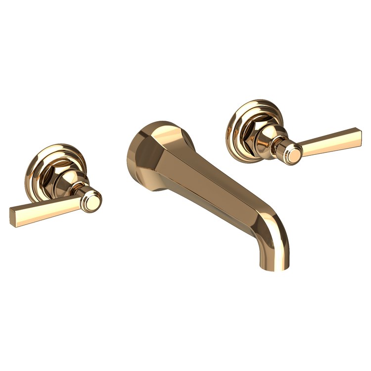 Lavatory Faucet Astor Wall Mount 8 Inch Spread 2 Lever ADA Watersense French Gold PVD 1.2 Gallons Per Minute Brass Less Drain Spout Reach 7-1/2 Inch - Image 1