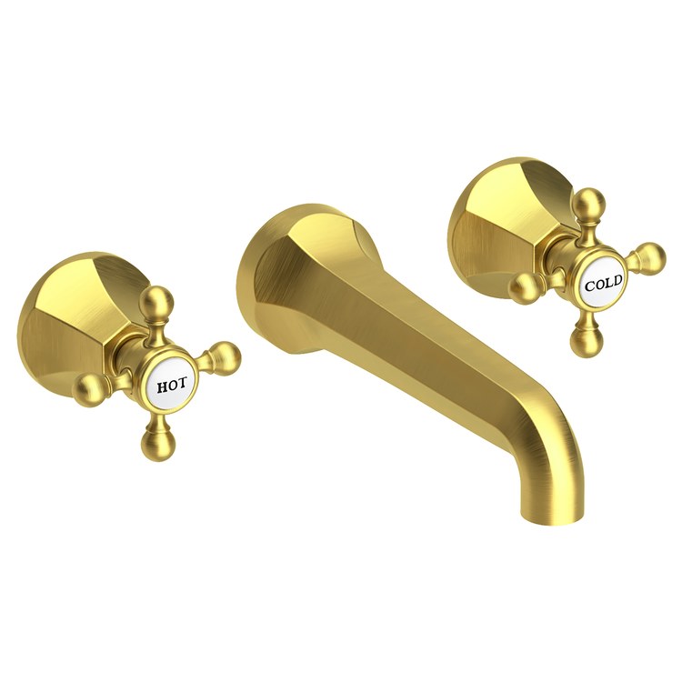Lavatory Faucet Metropole Wall Mount 8 Inch Spread 2 Cross ADA WaterSense Satin Brass PVD 1.2 Gallons Per Minute Brass Less Drain Spout Reach 7-1/2 Inch - Image 1