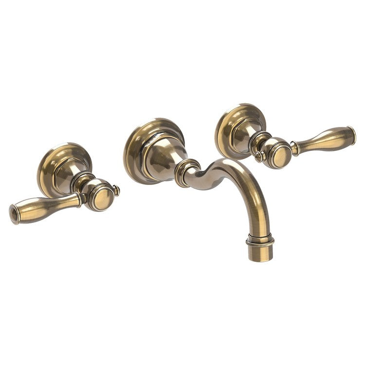 Lavatory Faucet Victoria Wall Mount 8 Inch Spread 2 Lever ADA Watersense Antique Brass 1.2 Gallons Per Minute Brass Less Drain Spout Reach 7-5/7 Inch - Image 1