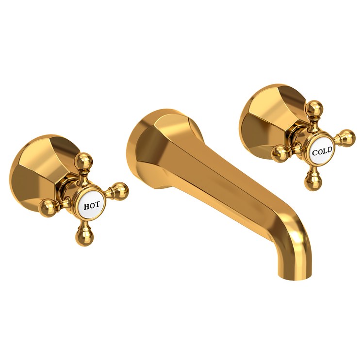 Lavatory Faucet Metropole Wall Mount 8 Inch Spread 2 Cross ADA WaterSense Aged Brass 1.2 Gallons Per Minute Brass Less Drain Spout Reach 7-1/2 Inch - Image 1