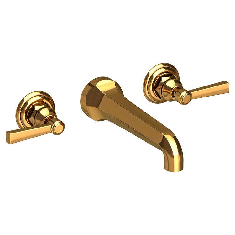 Lavatory Faucet Astor Wall Mount 8 Inch Spread 2 Lever ADA Watersense Polished Gold PVD 1.2 Gallons Per Minute Brass Less Drain Spout Reach 7-1/2 Inch - Image 1