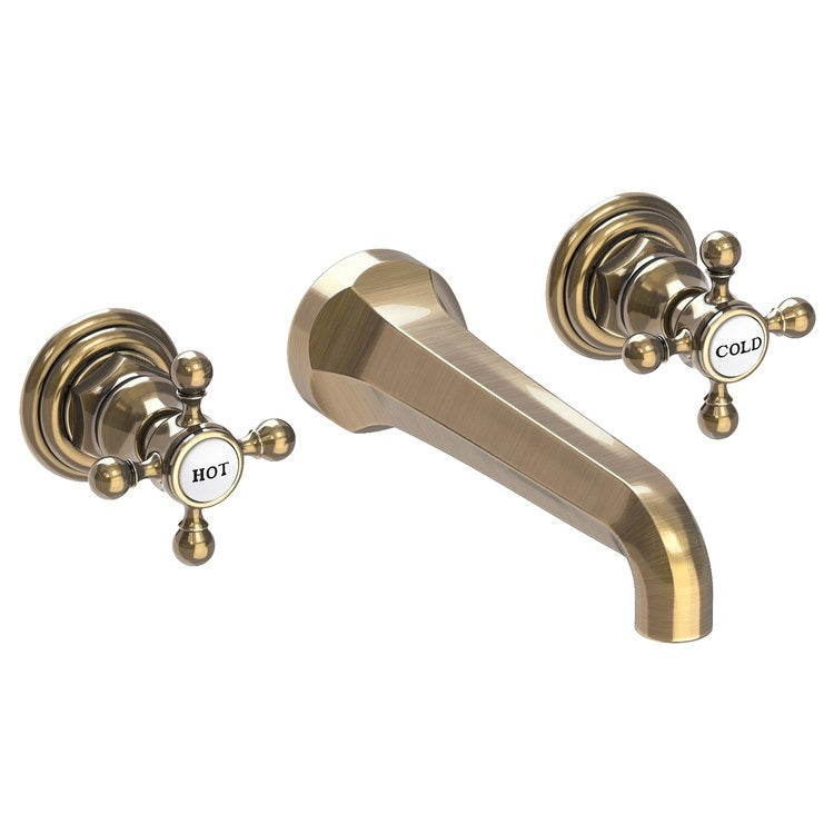 Lavatory Faucet Astor Wall Mount 8 Inch Spread 2 Cross ADA Watersense Antique Brass 1.2 Gallons Per Minute Brass Less Drain Spout Reach 7-1/2 Inch - Image 1