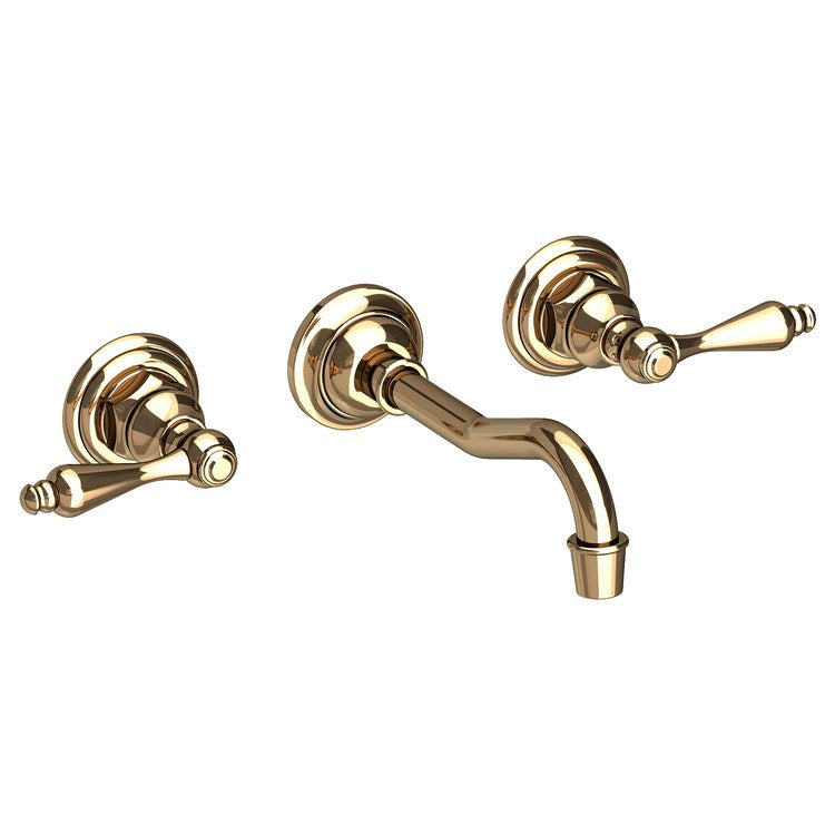 Lavatory Faucet Chesterfield Wall Mount 8 Inch Spread 2 Lever ADA WaterSense French Gold PVD 1.2 Gallons Per Minute Brass Less Drain Spout Reach 7-1/4 Inch - Image 1