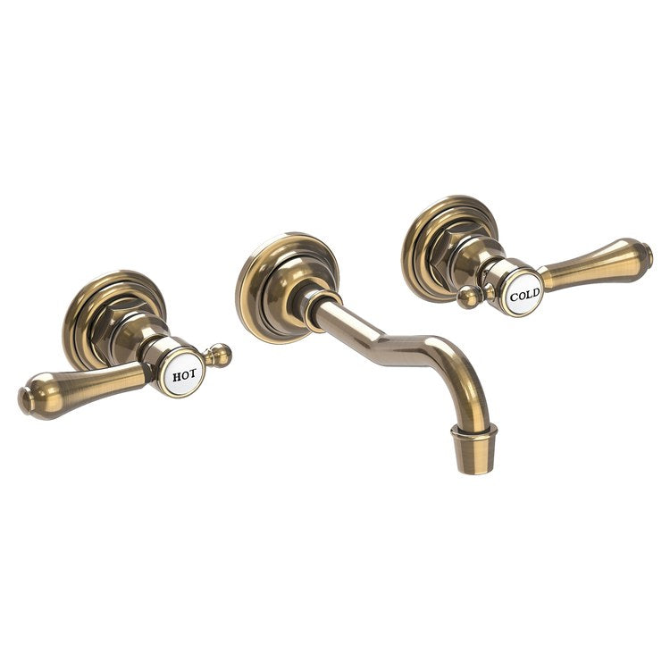 Lavatory Faucet Chesterfield Wall Mount Hot Cold Indicators 8 Inch Spread 2 Lever ADA WaterSense Antique Brass 1.2 Gallons Per Minute Brass Less Drain Spout Reach 7-1/4 Inch - Image 1