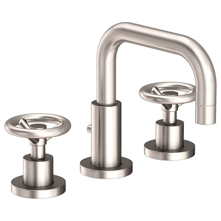 Lavatory Faucet Tyler Widespread 8 to 20 Inch Spread 2 Wheel WaterSense Satin Nickel PVD 1.2 Gallons per Minute Fixed Pop-Up 3 Hole