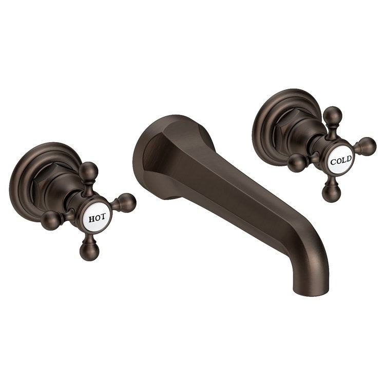 Lavatory Faucet Astor Wall Mount 8 Inch Spread 2 Cross ADA Watersense English Bronze 1.2 Gallons Per Minute Brass Less Drain Spout Reach 7-1/2 Inch - Image 1