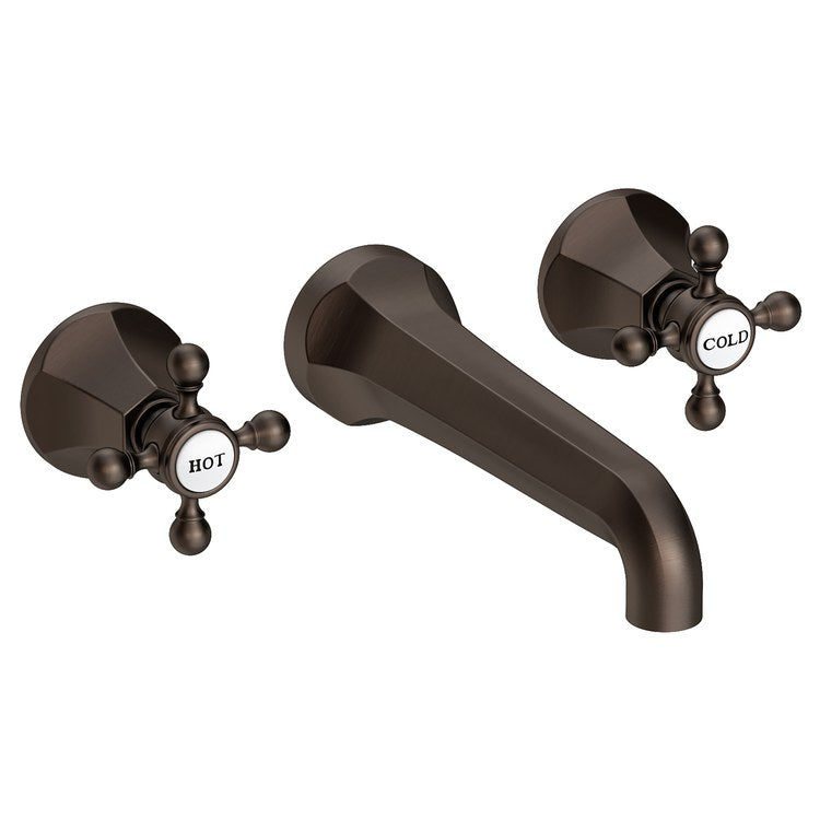 Lavatory Faucet Metropole Wall Mount 8 Inch Spread 2 Cross ADA WaterSense English Bronze 1.2 Gallons Per Minute Brass Less Drain Spout Reach 7-1/2 Inch - Image 1