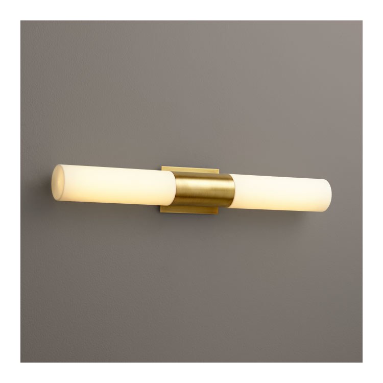 Magnum Two-Light Bathroom Vanity Fixture with Acrylic Shades - Aged Brass - Image 1