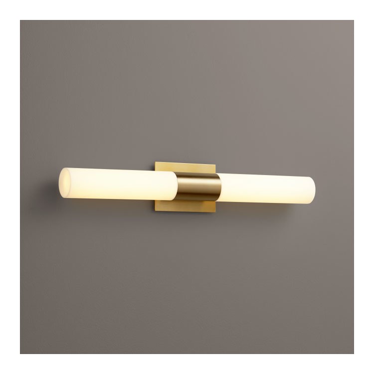 Magneta Two-Light LED Bathroom Vanity Fixture with Acrylic Shades - Aged Brass - Image 1