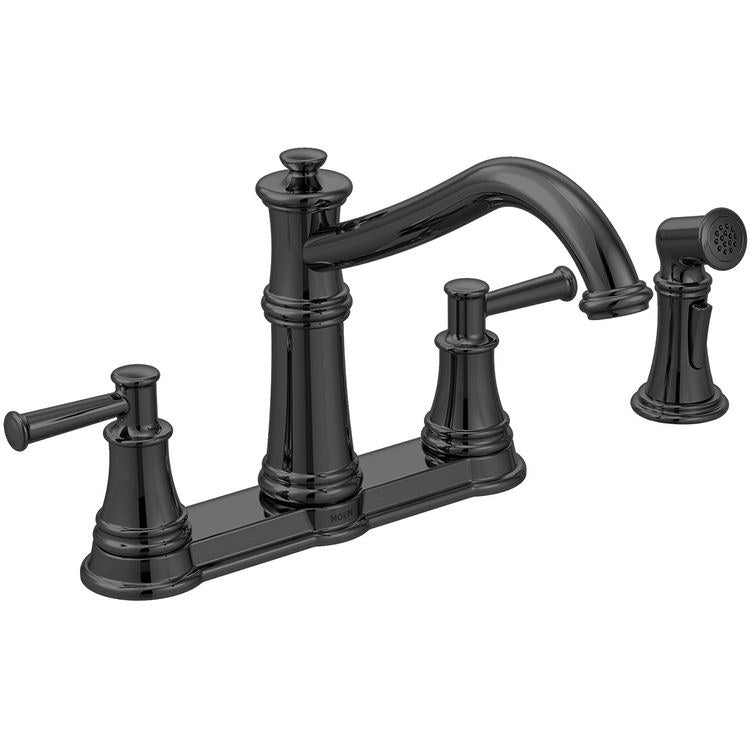 Kitchen Faucet Belfield 8 Inch Spread 2 Lever ADA Matte Black Side Spray High Arc 360 DEG Swivel 4 Hole 1.5 Gallons per Minute