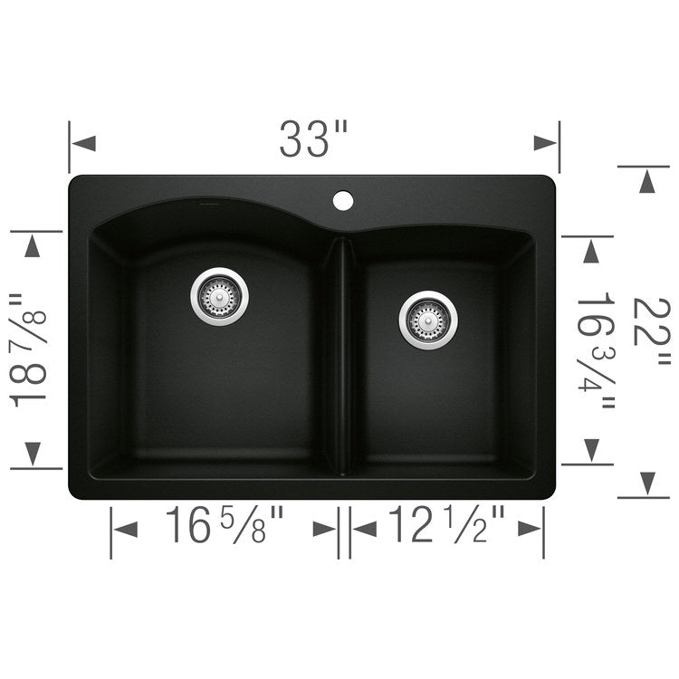 Diamond 33" Offset Double-Bowl Silgranit Dual-Mount Kitchen Sink with Ledge - Coal Black - Image 2