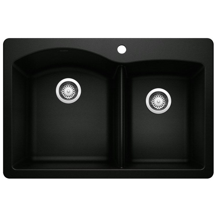 Diamond 33" Offset Double-Bowl Silgranit Dual-Mount Kitchen Sink with Ledge - Coal Black - Image 1