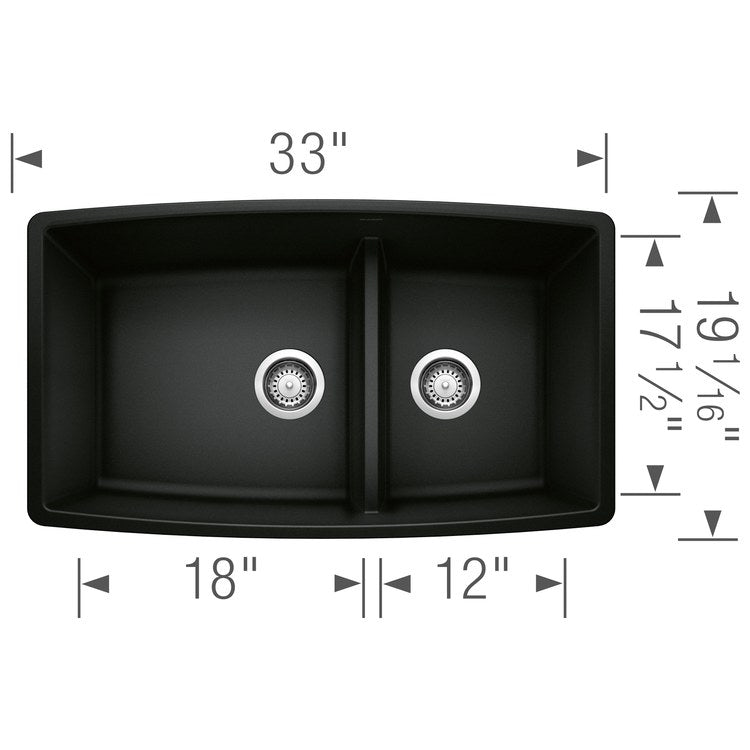 Kitchen Sink Performa 33 x 19 Inch Double Bowl 1-3/4 Bowl with Low Divide Coal Black Undermount - Image 2