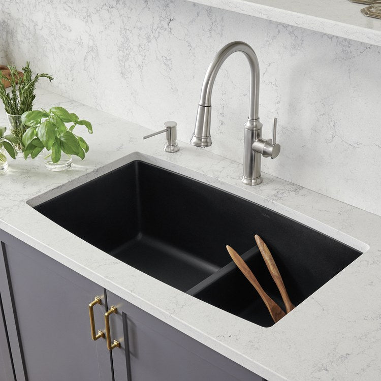 Kitchen Sink Performa 33 x 19 Inch Double Bowl 1-3/4 Bowl with Low Divide Coal Black Undermount - Image 3