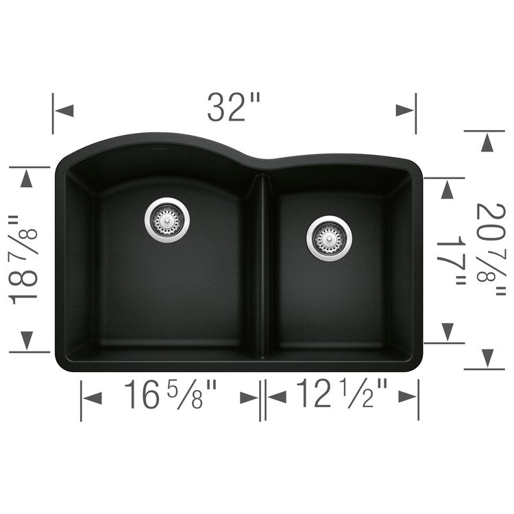 Kitchen Sink Diamond 32 x 21 Inch Double Bowl 1-3/4 Bowl Coal Black Undermount - Image 2