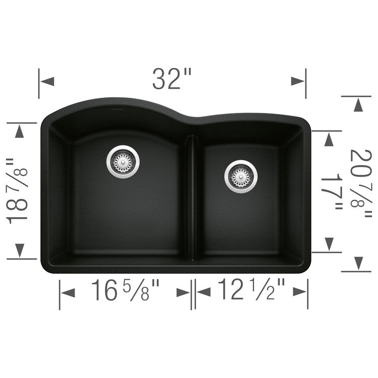Kitchen Sink Diamond 32 x 21 Inch Double Bowl 1-3/4 Bowl with Low Divide Coal Black Undermount - Image 2