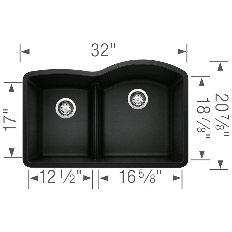 Kitchen Sink Diamond 32 x 21 Inch Double Bowl 1-3/4 Reverse Bowl Low Divide Coal Black Undermount - Image 2