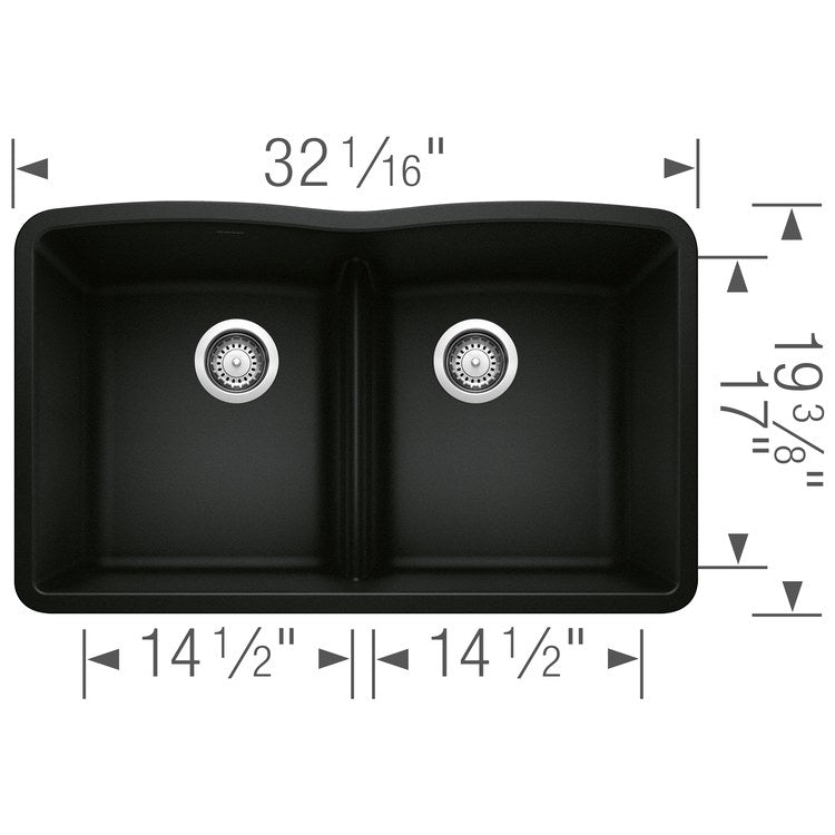 Kitchen Sink Diamond 32 x 19 Inch Double Bowl Equal Double Low Divide Coal Black Undermount - Image 2