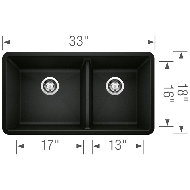 Precis 33" Medium 1-3/4 Double Bowl Silgranit Undermount Kitchen Sink - Coal Black - Image 2
