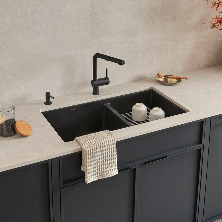 Precis 33" Medium 1-3/4 Double Bowl Silgranit Undermount Kitchen Sink - Coal Black - Image 3