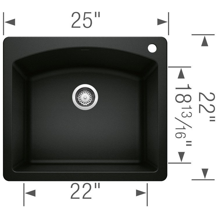 Diamond 25" Single-Bowl Silgranit Dual-Mount Kitchen Sink with Ledge - Coal Black - Image 2