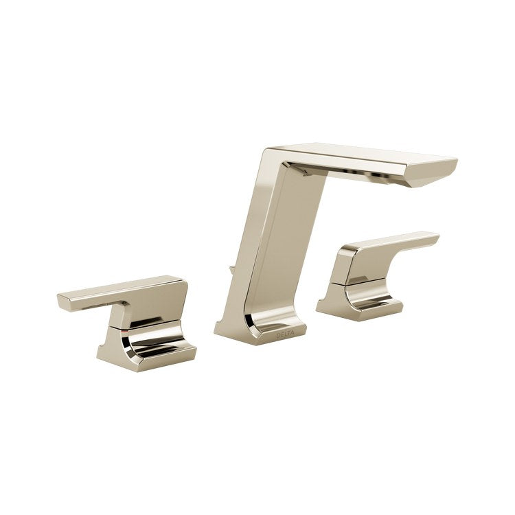 Lavatory Faucet Pivotal Widespread 6 to 16 Inch Spread 2 Lever ADA WaterSense Lumicoat Polished Nickel 1.2 Gallons per Minute Deck Rigid Metal Pop-Up 3 Hole - Image 1